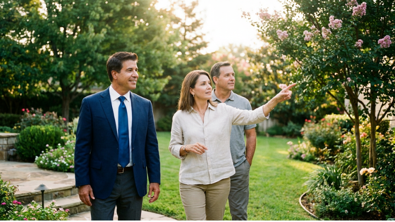 Rick Ojeda touring a landscaped Los Angeles property with clients